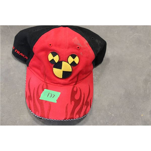 Baseball cap featuring the Test Track logo on the front, styled as a Mickey Mouse silhouette