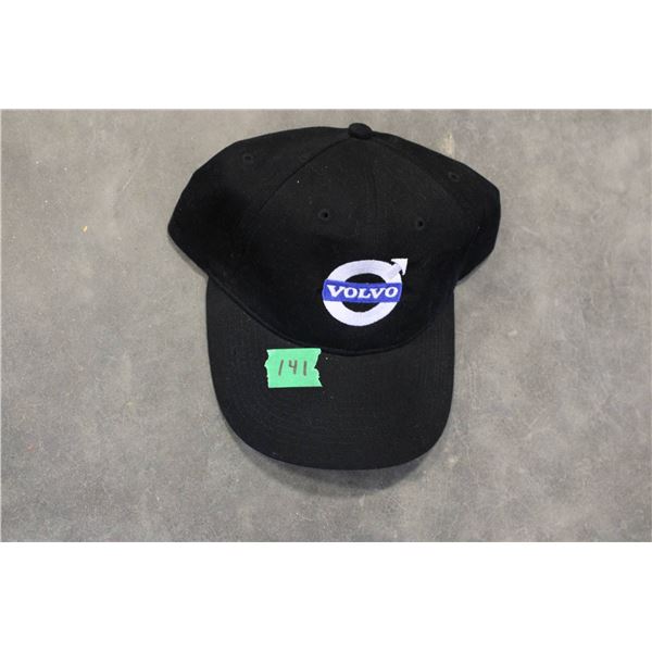 Black baseball cap featuring an embroidered Volvo logo on the front panel. 