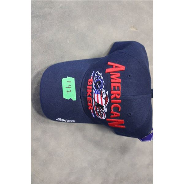 Navy blue cap featuring 'American Biker' embroidered in bold red letters and an American flag-themed