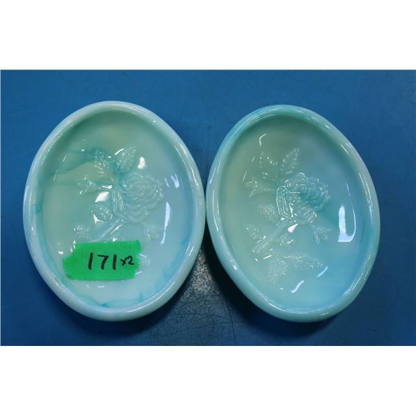 Oval White and Green Glass Dishes With Floral Design