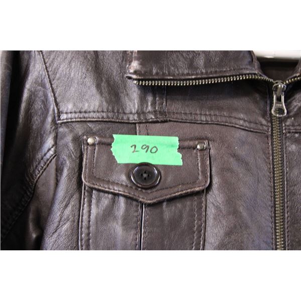 Brown Leather Jacket with Ribbed Collar and Cuffs, Size L