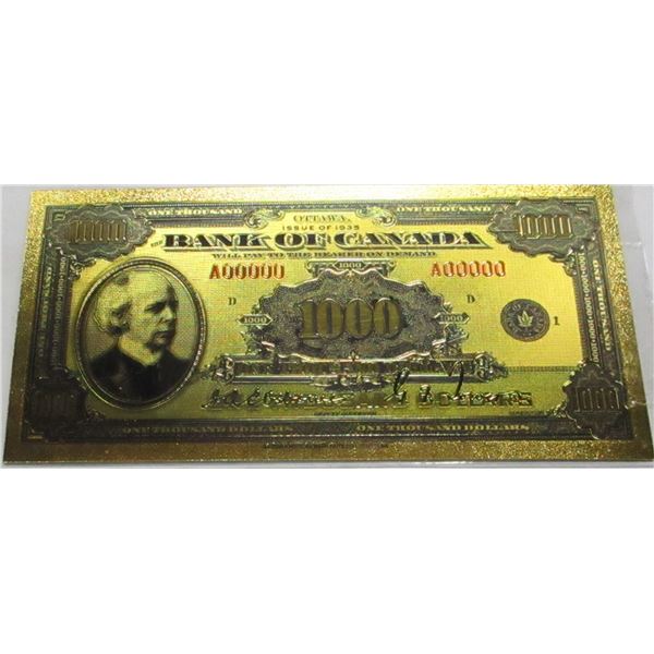 1935 BANK OF CANADA $1000 BILL (NON-NEGOTIABLE - NOT LEGAL TENDER) GOLD SHIELD