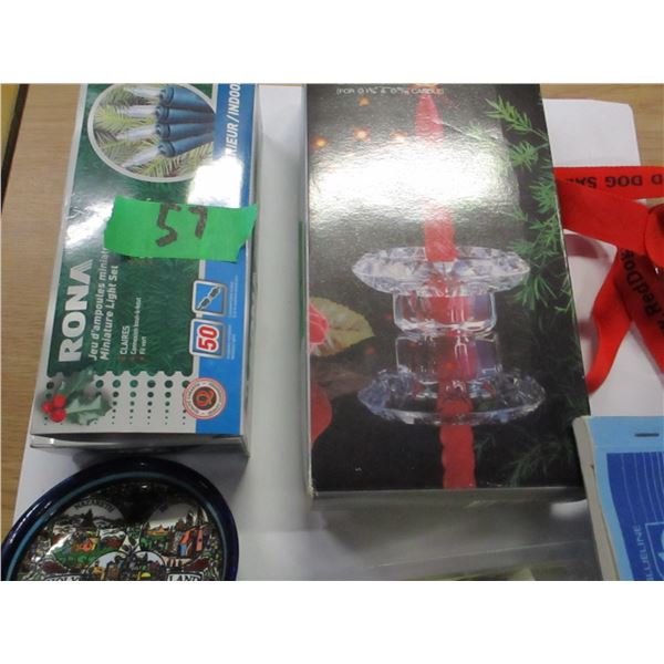 BOX C/W HAIR DRYER, OFFICE SUPPLIES, CANDLE HOLDER, ETC