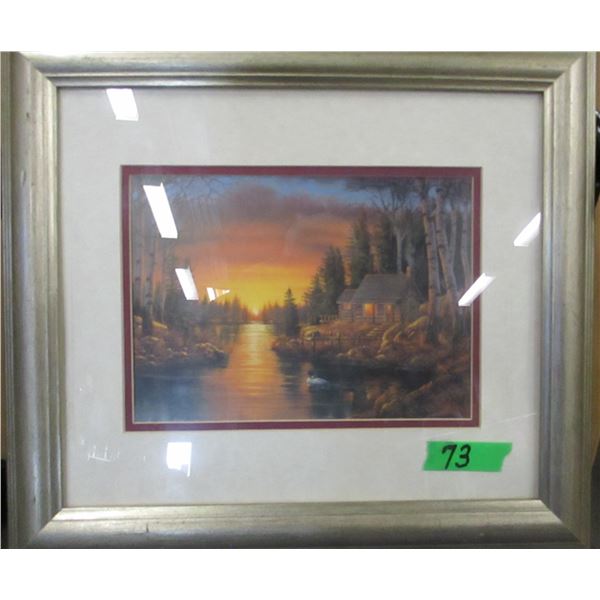 FRAMED PICTURE OF CABIN ON LAKESHORE