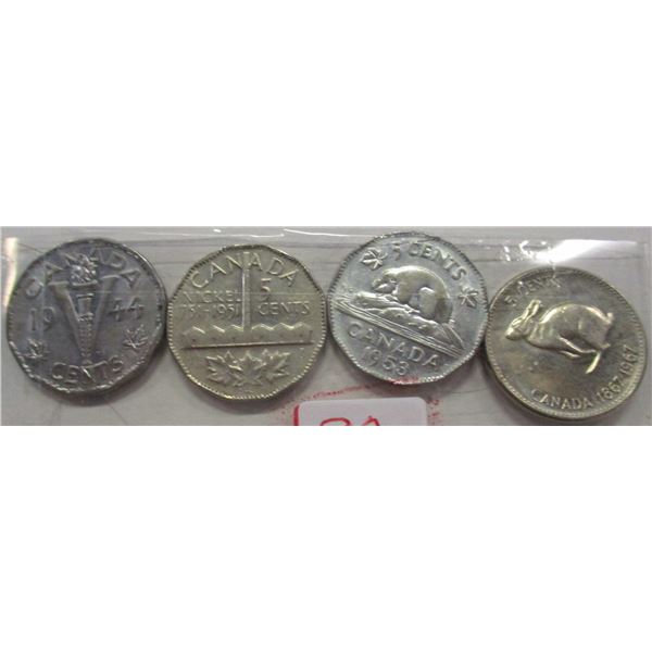 1944 VICTORY, 1951 SMOKE STACK, 1953 BEAVER, 1967 RABBIT CENTENNIAL CANADA NICKEL SET