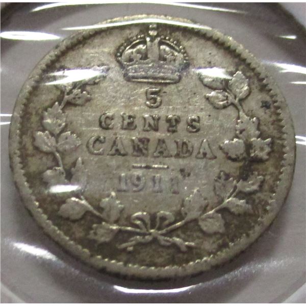 1911 FINE CANADA KING GEORGE V SILVER FIVE CENT