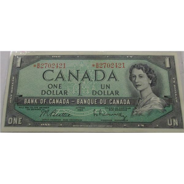 1954 CRISP UNCIRCULATED STAR SERIAL NUMBER REPLACEMENT LEGAL TENDER CANADA $1 BILL