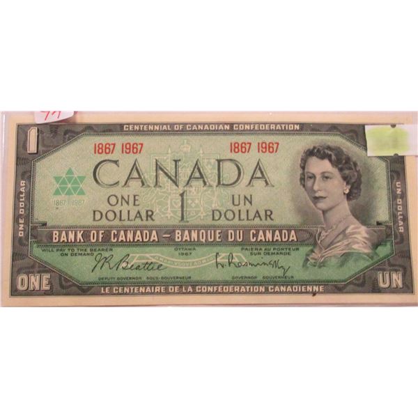 1967 CRISP UNCIRCULATED CENTENNIAL NO SERIAL NUMBER LEGAL TENDER CANADA $1 BILL