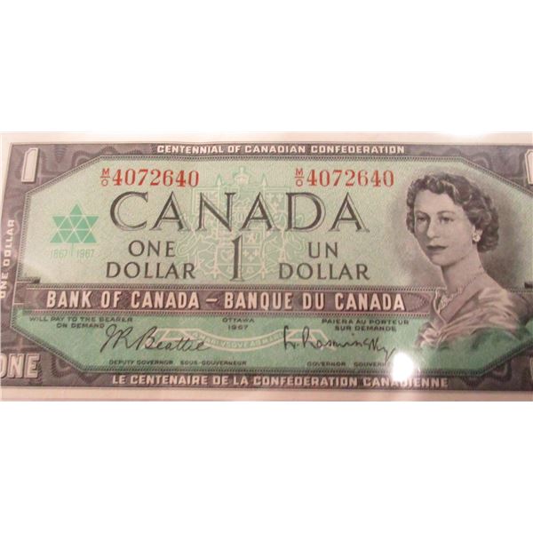 1967 CRISP UNCIRCULATED CANADA SERIAL NUMBER LEGAL TENDER $1 BILL