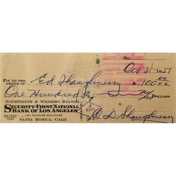 Football Coach Clark Shaughnessy signed check