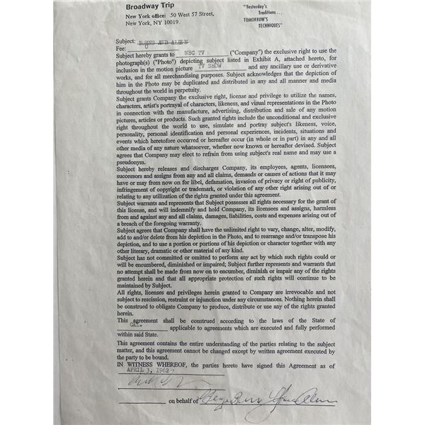 George Burns and Gracie Allen 1962 Broadway Trip signed contract