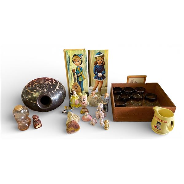 Large Etched Pottery Vase, Eden Prints, Beefeater Pitcher & Figurines - Group Lot