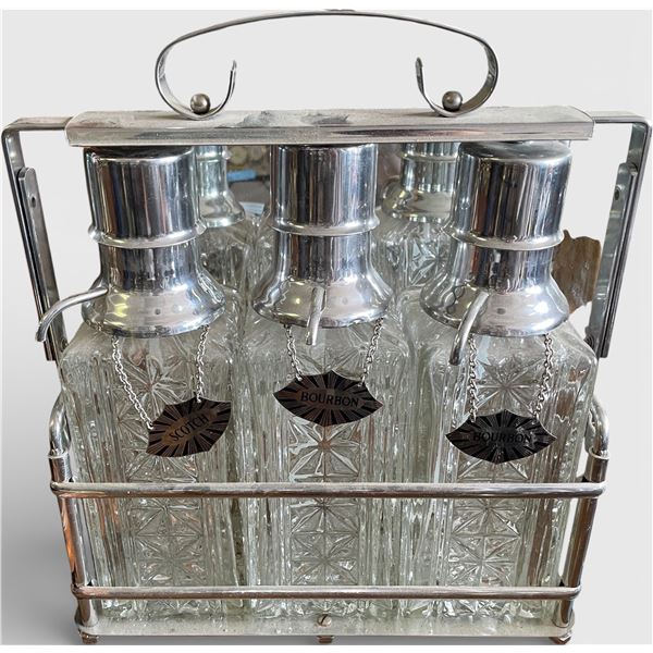 Vintage Cut Glass Decanter Set with Chrome Rack (Scotch & Bourbon)