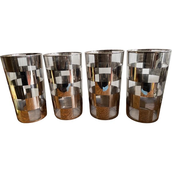Set of 4 Silver Style Checkered Highball Glasses
