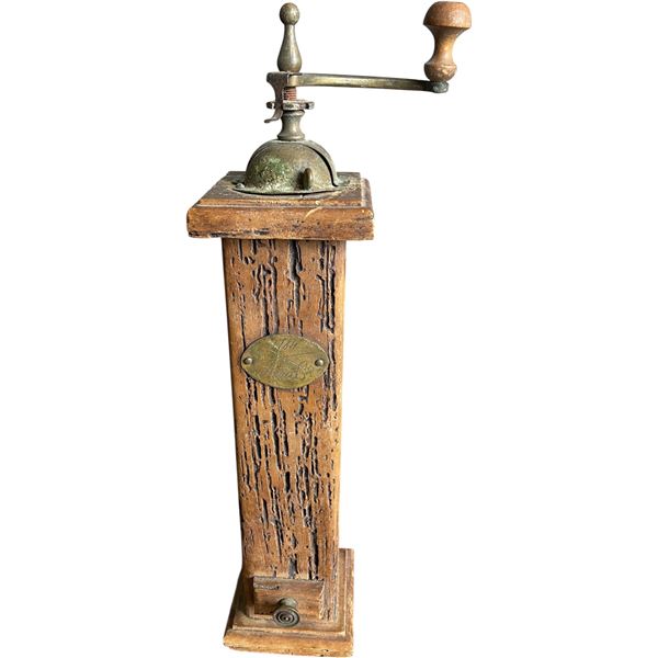 Antique Wood Coffee Grinder with Metal Crank