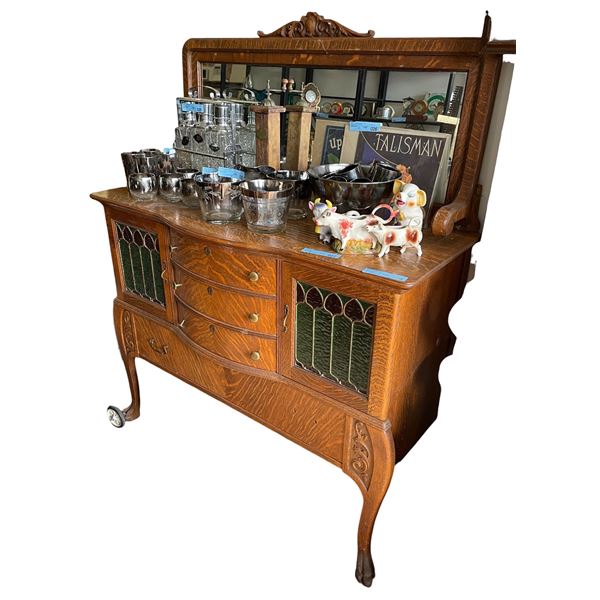 Vintage Oak Sideboard Buffet with Leaded Glass Doors & Mirror