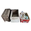 Image 1 : Galvanized Fittings Wooden Crate with Vintage Metal Heater & Assorted Ceramic Pieces