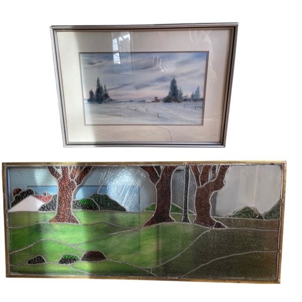 Framed Decorative Stained Glass Window Panel & Winter Landscape Print (Broken)
