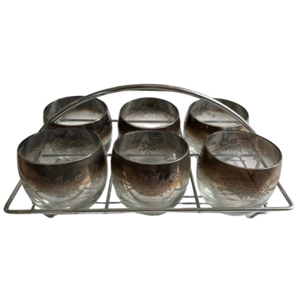 Set of 6 Silver Fade Floral Lowball Glasses in Metal Carrier
