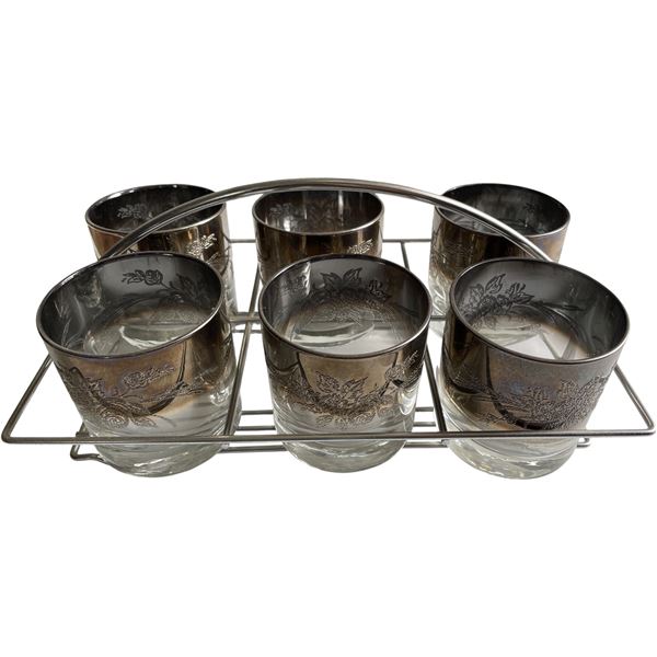 Set of 6 Silver Fade Floral Lowball Glasses in Metal Carrier