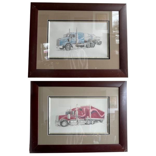 Pair of Framed Semi Truck Prints in Matching Wood Frames By Dawnelle