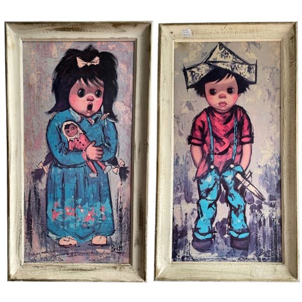 Pair of Vintage Big-Eye Children Prints in Matching Frames