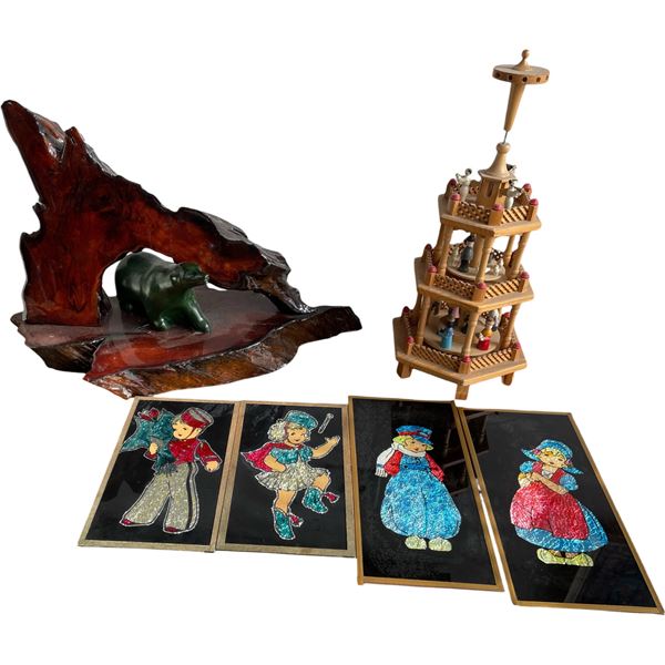Decorative Wood Burl Bear Display, German-Style Music Tower & Reverse Glass Art
