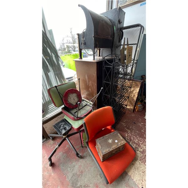 Mixed Vintage DÈcor & Furniture Group - Metal Rack, Drum Roaster, Clock Face, Chairs & Misc.