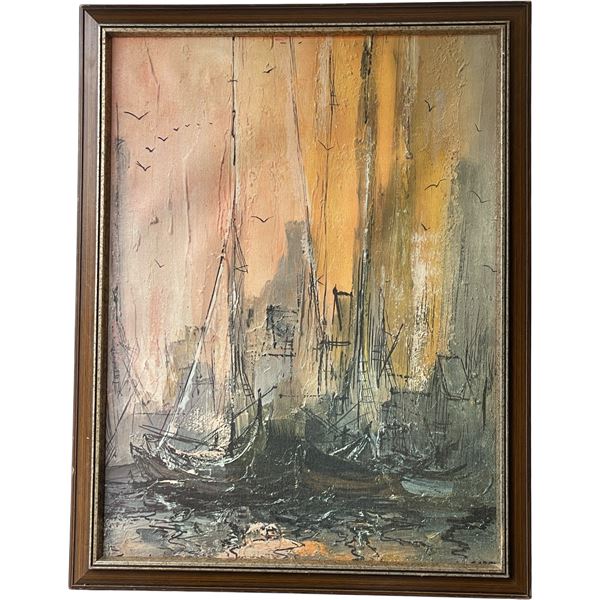 Large Framed Harbor Scene Painting
