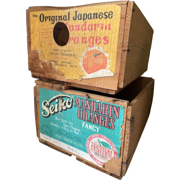 Pair of Vintage Japanese Mandarin Orange Wooden Crates