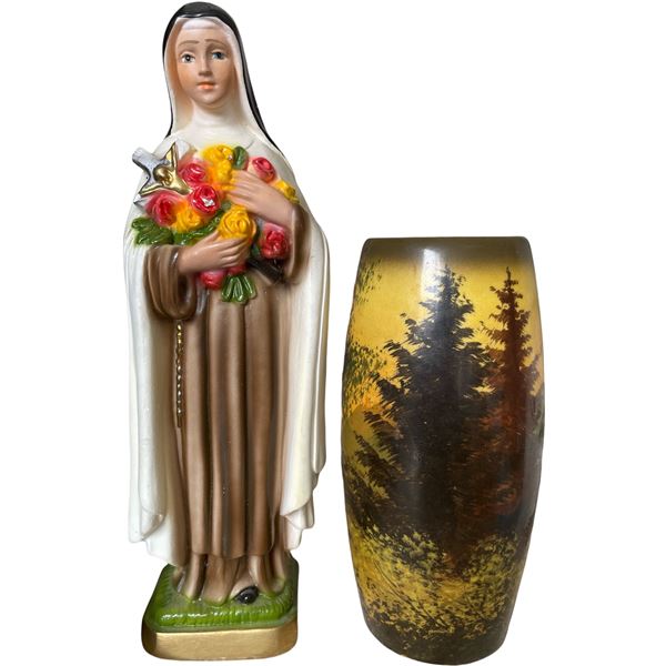 Religious Figure Statue & Hand-Painted Landscape Vase