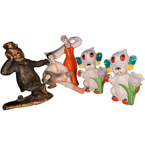 Pair of Vintage Elephant Ceramic Planters with Additional Figurines