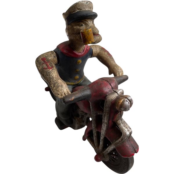 Vintage Cast Iron Popeye on Motorcycle Toy Figure