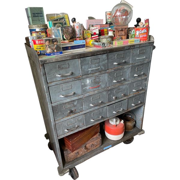 Vintage Industrial Steel Parts Cabinet, Multi-Drawer Hardware Organizer on Wheels