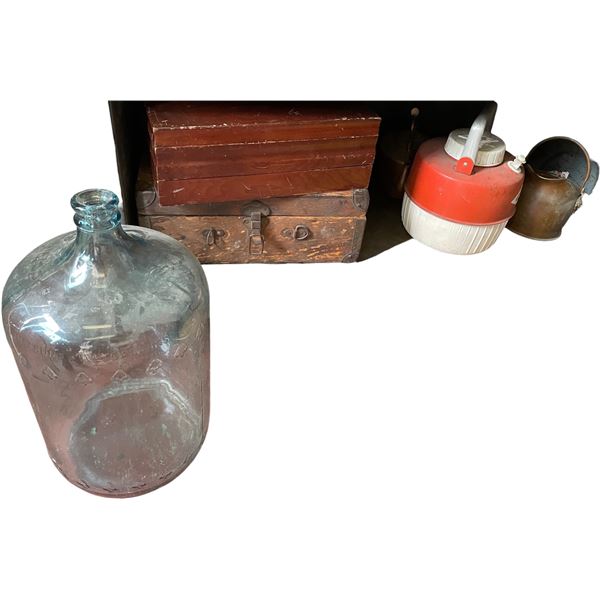 Vintage Glass Water Carboy Jug with Wood Tool Boxes and Beverage Cooler