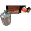 Image 1 : Vintage Glass Water Carboy Jug with Wood Tool Boxes and Beverage Cooler