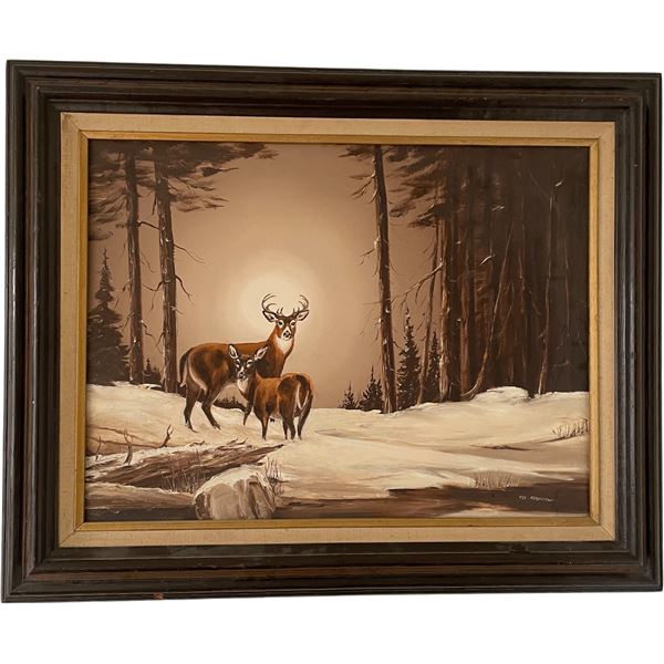 Framed Deer Wildlife Print, Signed, in Wood Frame