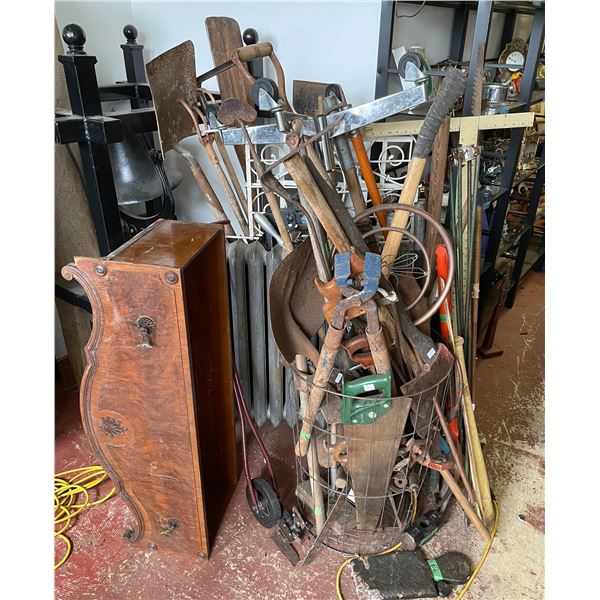 Large Assortment Vintage Hand Tools, Shovel, Axe, Vintage Heater & Garden Implements (Basket Lot)