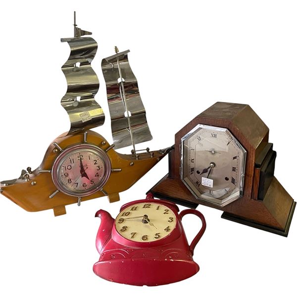 Group Vintage Novelty Sailing Ship Clock, Russell Limited Clock & Teapot Clock