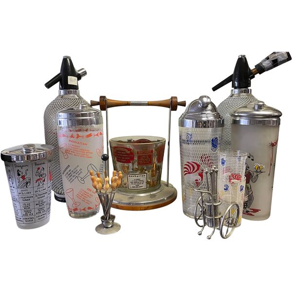 Group of Misc - Drink Mixer Glasses, Soda Siphon, Barware Set, Bowling Ball Mixers, Etc,