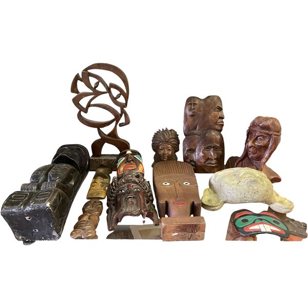 Shelf Lot of Native Art Decor - Mini Totem, Mask, Statue, Etc.