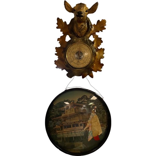 Vintage Deer Motif Wall Barometer with Round Framed Asian Scene Print