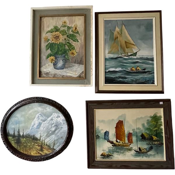 Group of 4 Paintings - Mountain, Floral, Ships & Sailing