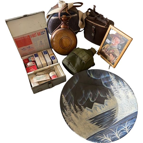 Group of Misc - Vintage First Aid Kit, Aurora Borealis Bowl, Water Canteen, Scout Picture, Etc.