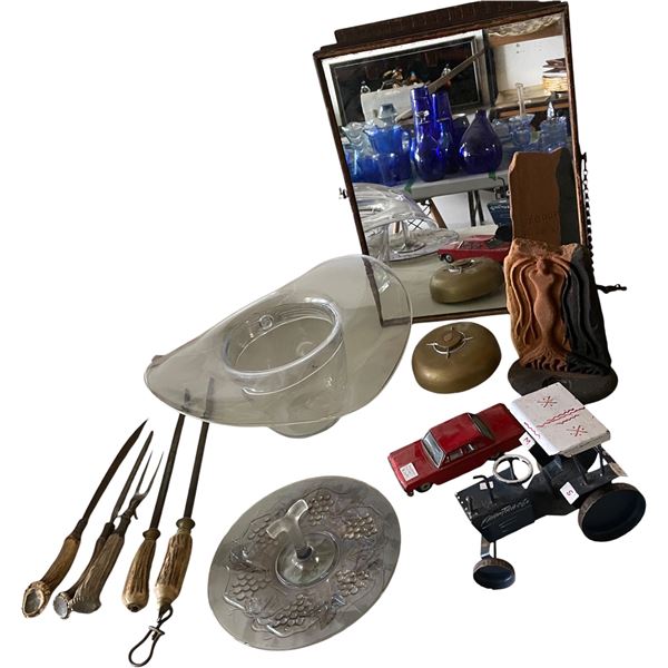 Mixed Vintage Household & Decor Lot incl. Carving Set, Glassware, Mirror, Japanese Tiny Car & Farm T