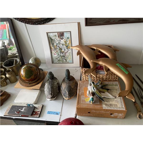 Group of Misc - Globes, Ducks, Act Decor, Utensil Kit, Dolphin Decor, Box of 1984 Holmegaard Skibspl