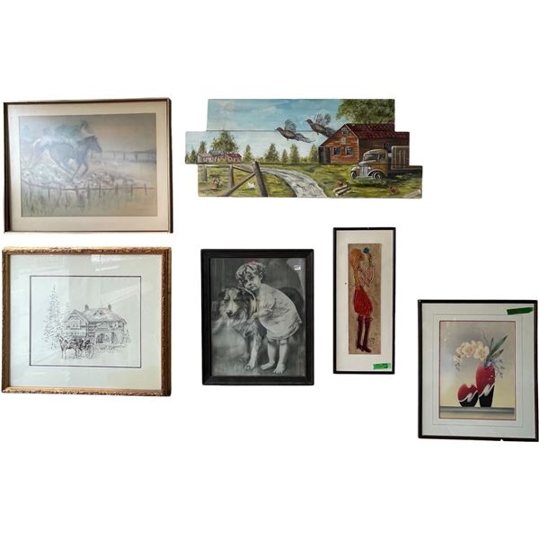 Group of 6 Various Framed Pictures - Women & Dog, Farm Landscape, Farmhouse, Vintage Lollipop String