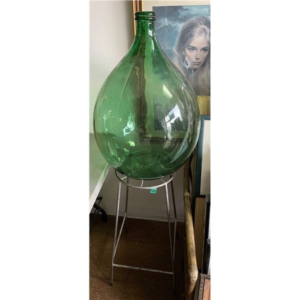 Large Green Glass Demijohn Bottle on Metal Stand