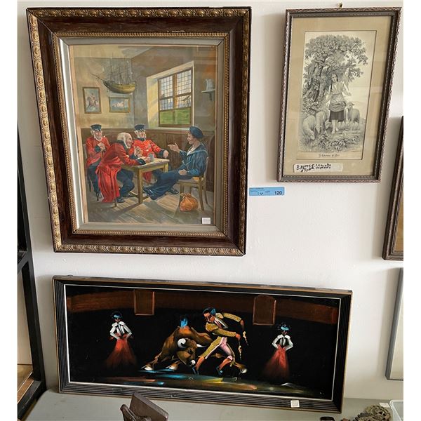 Group of Framed Tavern Scene Print, Jehanne D'Are & Matador/Bullfight Painting
