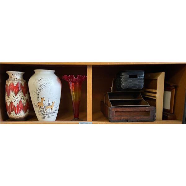 Group of Misc - 3x Various Vases, Basket, Book Holder, Etc.